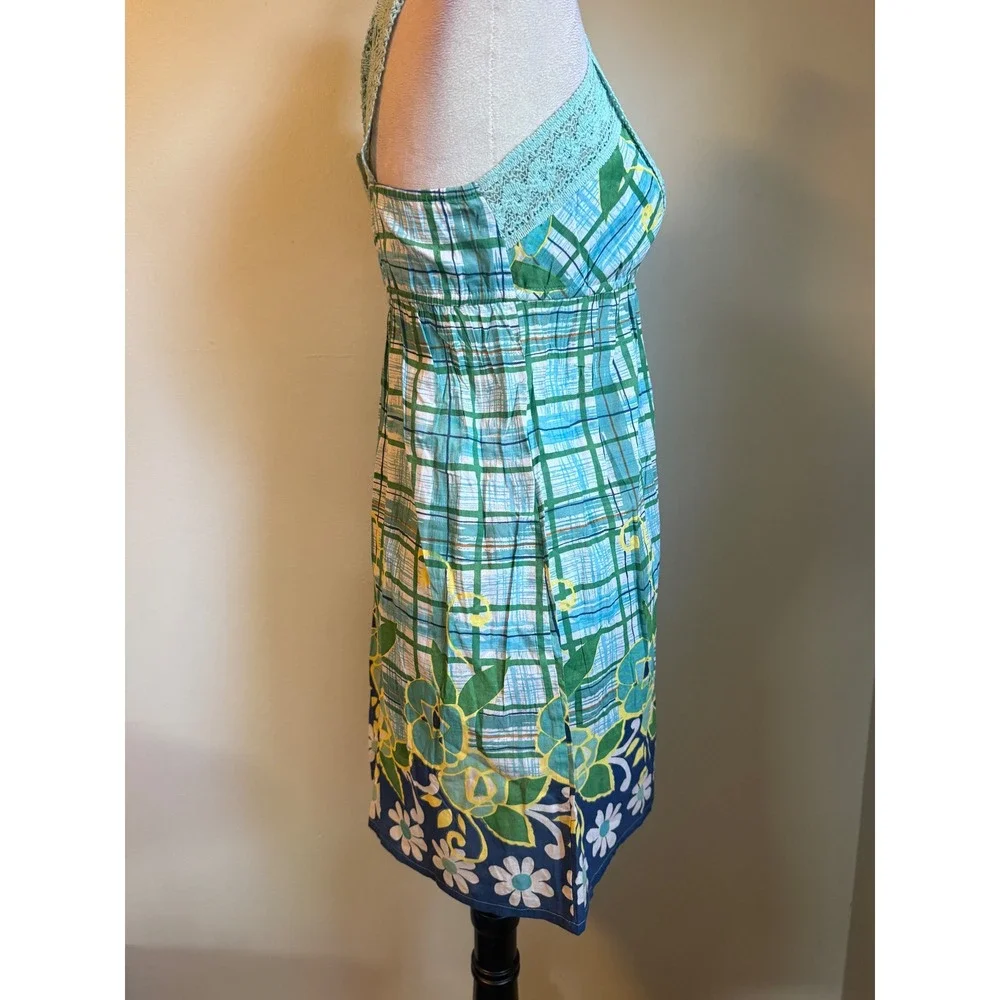 Angie Green Floral Crochet cottage  boho y2k‎ whimsi Cotton Dress Small NWT blue